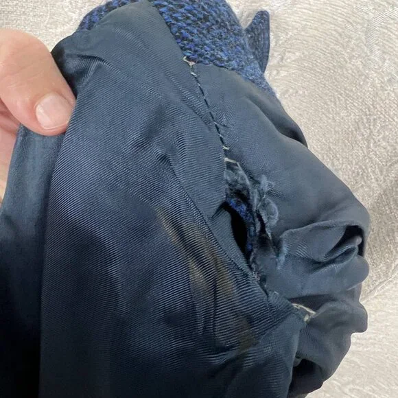 Harris Tweed blue wool overcoat vintage collared long winter coat classic flawed - Picture 13 of 14